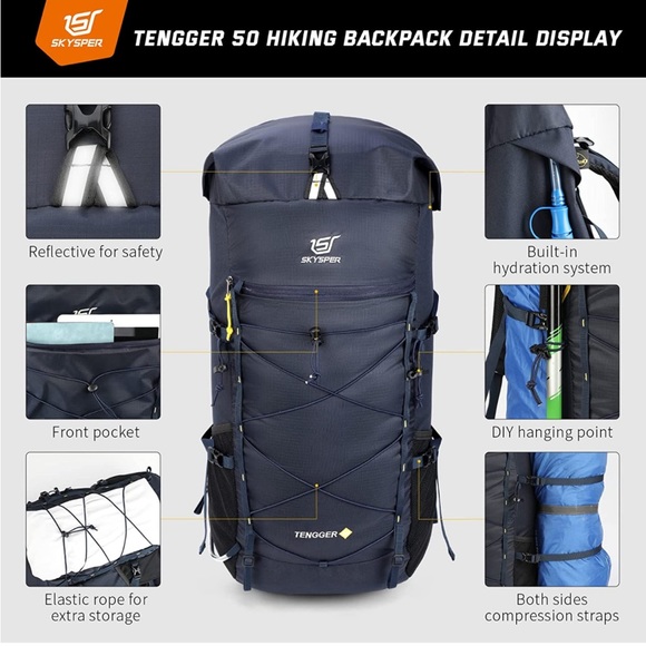 BRAND NEW SKYSPER HIKING BACKPACK BLUE LIGHT WEIGHT WATERPROOF 50L/60L UNISEX - Picture 4 of 6